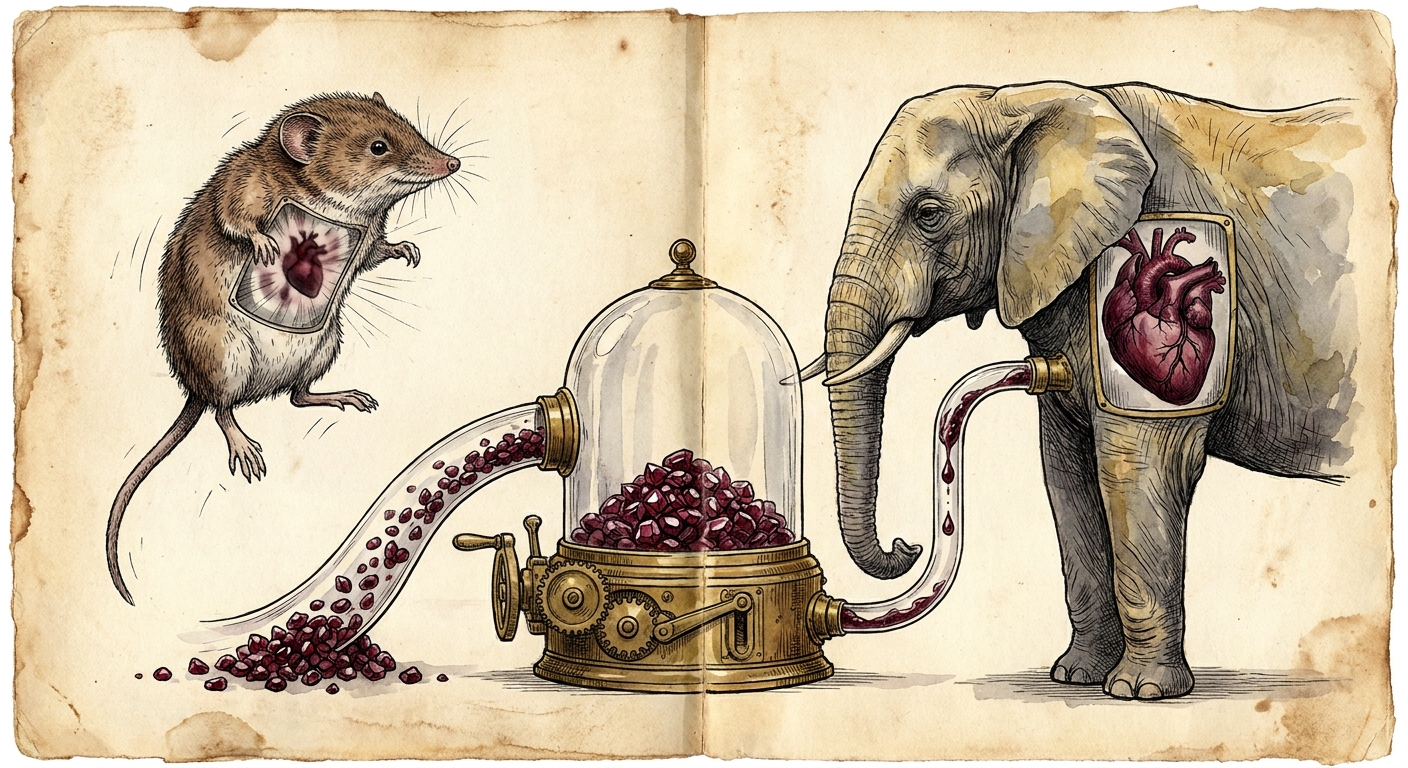 AI-generated illustration for: A tiny shrew and a massive elephant are both born with a biological budget of roughly one billion heartbeats to spend before they die.